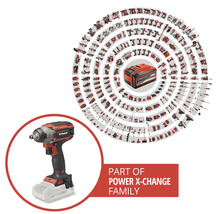 Boulonneuse à chocs sans fil Einhell faisant partie de la gamme Power X-Change avec un aperçu de nombreux outils compatibles.