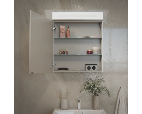 Armoire de toilette ouverte avec étagères en verre, éclairage intégré et prise intérieure, montée au-dessus d'un lavabo.