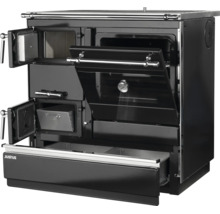 Cuisinière à combustible solide Justus avec four, cendrier et compartiment à bois au design compact.