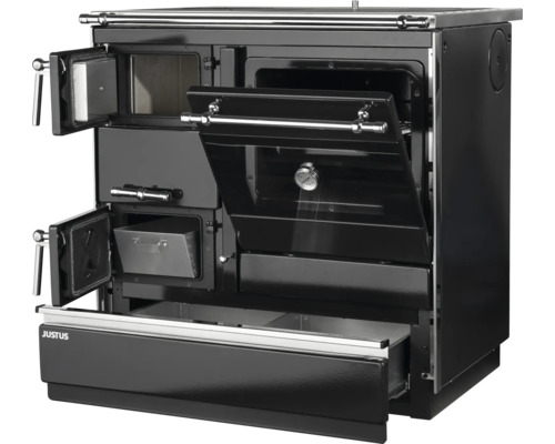 Cuisinière à combustible solide Justus avec four, cendrier et compartiment à bois au design compact.