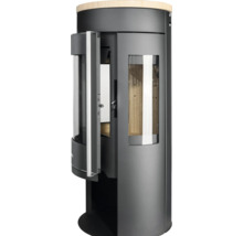Poêle à bois cylindrique moderne en métal sombre avec couvercle en bois, longue poignée métallique et vitres à l'avant et sur le côté.