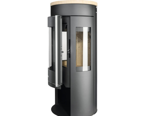 Poêle à bois cylindrique moderne en métal sombre avec couvercle en bois, longue poignée métallique et vitres à l'avant et sur le côté.