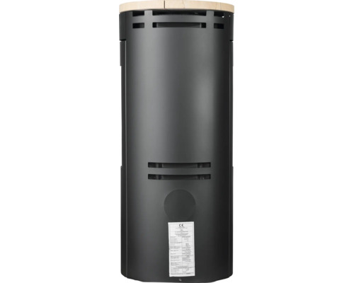 Vue arrière d'un poêle à bois cylindrique en métal noir avec des fentes d'aération et une étiquette de produit.