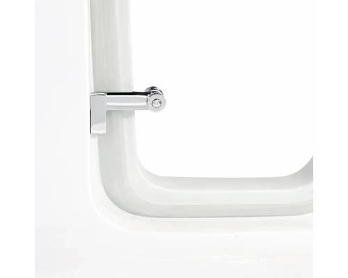 Vue détaillée d'une fixation métallique chromée pour une paroi de douche ou de baignoire.