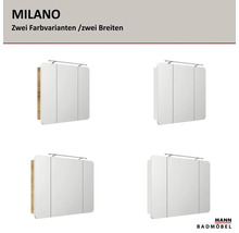 Logo MANN BADMÖBEL, armoires de toilette de la série MILANO en deux largeurs et deux variantes de couleur avec éclairage intégré.