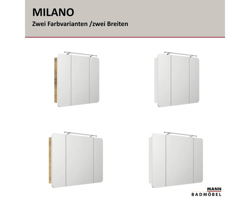 Logo MANN BADMÖBEL, armoires de toilette de la série MILANO en deux largeurs et deux variantes de couleur avec éclairage intégré.
