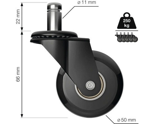 Roulette pour chaise de bureau diamètre 50 millimètres, tige 11 millimètres, charge 250 kilogrammes, lot de 5.