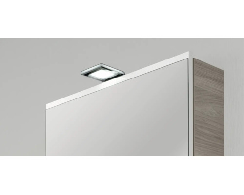 Lampe LED carrée finition chrome pour armoires de toilette.