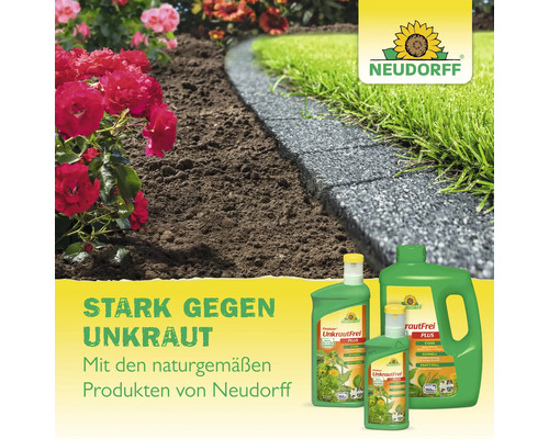 Neudorff UnkrautFrei Plus Unkrautvernichter vor einem Garten mit Rosenbeet und Rasenkante. Neudorff Logo.