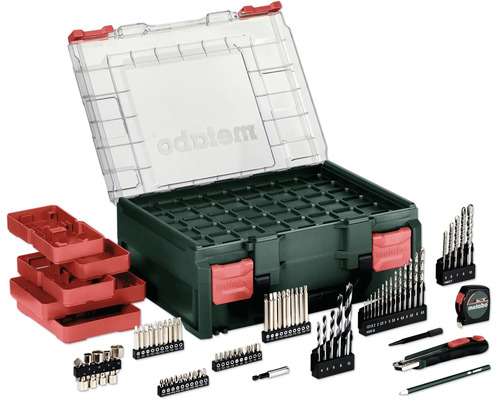 Set d'accessoires Metabo avec embouts, forets, mètre ruban, cutter et crayon dans un coffret en plastique avec couvercle transparent.