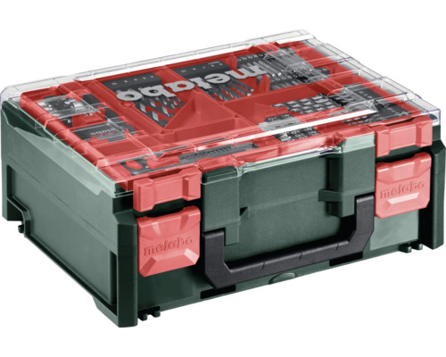 Coffret à outils Metabo vert avec couvercle transparent et fermoirs rouges comprenant un jeu de forets et un assortiment d'embouts.