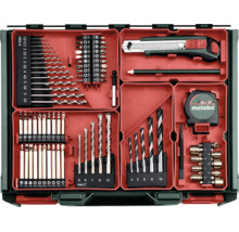 Jeu d'outils Metabo dans un coffret avec forets pour métal, bois et pierre, embouts, cutter, crayon et mètre ruban.