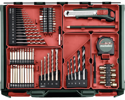 Jeu d'outils Metabo dans un coffret avec forets pour métal, bois et pierre, embouts, cutter, crayon et mètre ruban.