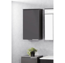 Wandhängender Badezimmerschrank in Anthrazit, minimalistisches Design mit schmalem Griff, montiert an einer Wand.