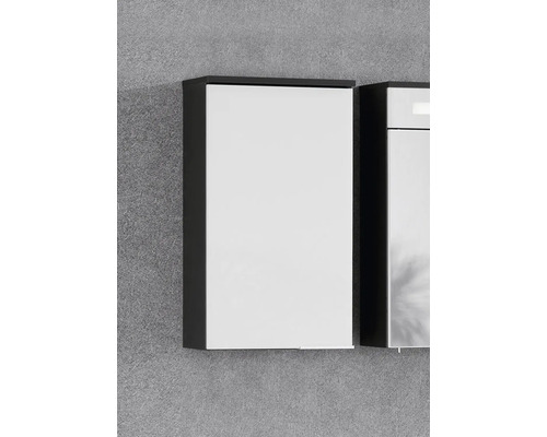 Armoire latérale de salle de bains moderne à montage mural avec façade blanche et corps sombre.