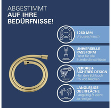 Flexible de douche doré de 1250 millimètres avec raccord universel, système anti-torsion Twist-Stop et surface durable Grohe Long-Life.