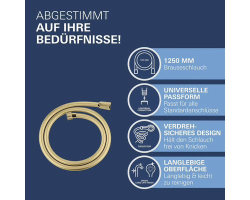 Flexible de douche doré de 1250 millimètres avec raccord universel, système anti-torsion Twist-Stop et surface durable Grohe Long-Life.