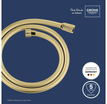 Flexible de douche Grohe aspect or, conçu en Allemagne, garantie de 5 ans. Grohe Logo.