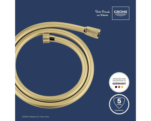 Flexible de douche Grohe aspect or, conçu en Allemagne, garantie de 5 ans. Grohe Logo.
