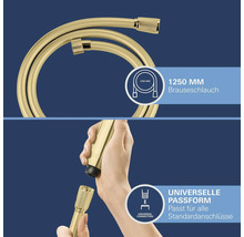 Flexible de douche doré d une longueur de 1250 millimètres avec raccord universel pour tous les raccordements standards.