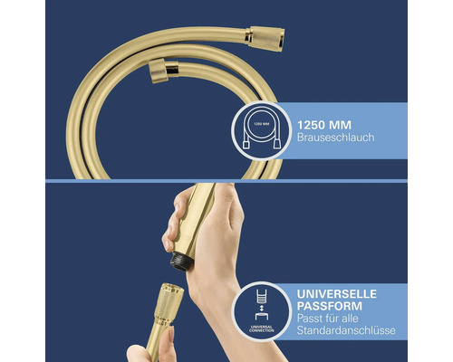 Flexible de douche doré d une longueur de 1250 millimètres avec raccord universel pour tous les raccordements standards.