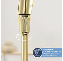 Raccord de flexible de douche Grohe avec design anti-torsion. Un raccord rotatif empêche le flexible de s'entortiller et de se plier. Grohe Logo.