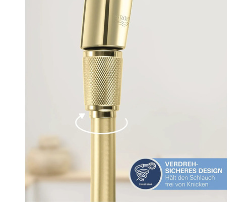 Raccord de flexible de douche Grohe avec design anti-torsion. Un raccord rotatif empêche le flexible de s'entortiller et de se plier. Grohe Logo.