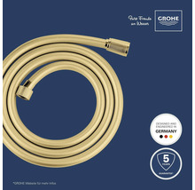 Grohe Brauseschlauch, aufgerollt, mit Anschlüssen, 5 Jahre Garantie, entwickelt und konstruiert in Deutschland. Grohe Logo.