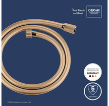 Grohe Brauseschlauch in Gold-Optik, Grohe Logo, Siegel für 5 Jahre Garantie und Herkunft aus Deutschland.