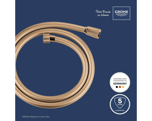 Grohe Brauseschlauch in Gold-Optik, Grohe Logo, Siegel für 5 Jahre Garantie und Herkunft aus Deutschland.