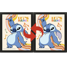 Image lenticulaire en trois dimensions dans un cadre noir avec le personnage Disney Stitch qui danse, texte Let s Dance et éléments rétro.