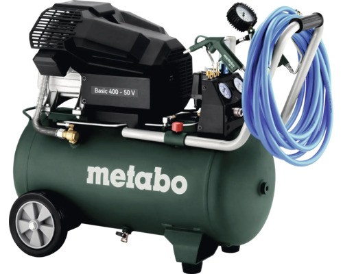 Compresseur à piston Metabo vert Basic 400-50 Volt avec Metabo Logo, réservoir, roues, manomètres, tuyau bleu et pistolet.