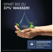 Mains tenant une goutte d'eau avec des feuilles. Symbole d'économie d'eau, économise jusqu'à 37 pour cent d'eau à 5 litres par minute.