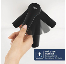 Commande manuelle de robinetterie Grohe avec mouvement de levier precis pour la temperature et le debit. Grohe Logo. Symbole de fonctionnement precis.