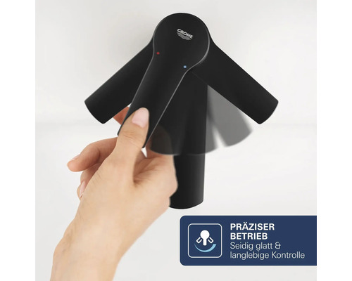 Commande manuelle de robinetterie Grohe avec mouvement de levier precis pour la temperature et le debit. Grohe Logo. Symbole de fonctionnement precis.
