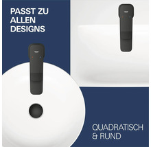 Mitigeur mural Grohe en noir mat, mitigeur monocommande sur lavabos ronds et carrés, Grohe Logo.