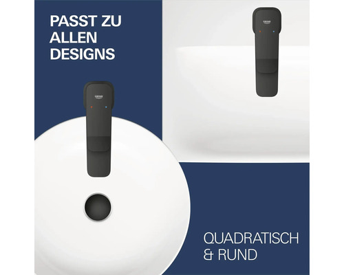 Mitigeur mural Grohe en noir mat, mitigeur monocommande sur lavabos ronds et carrés, Grohe Logo.