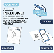 Kit Grohe QuickFix pour une installation facile incluant outil QuickTool, manuel QuickGuide, QuickVideo via code QR et Grohe Logo.