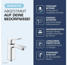 Mitigeur de lavabo : commande précise, démarrage à froid, débit de 5 litres par minute, surface durable et bec standard.