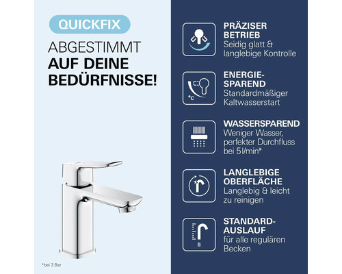 Mitigeur de lavabo : commande précise, démarrage à froid, débit de 5 litres par minute, surface durable et bec standard.
