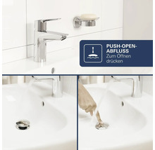 Lavabo avec robinet chromé et bonde de vidage push-open actionnée par simple pression.
