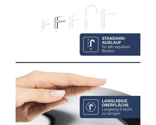 Mitigeur avec bec standard taille S pour lavabos classiques et surface durable facile à nettoyer.