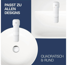 Robinet infrarouge Grohe blanc, adapté aux lavabos ronds et carrés.
