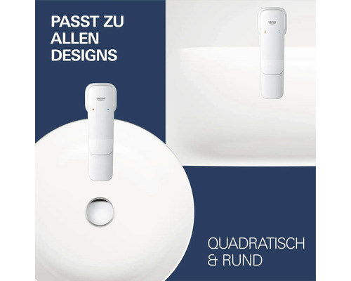 Robinet infrarouge Grohe blanc, adapté aux lavabos ronds et carrés.
