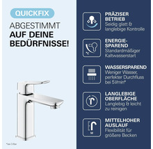Mitigeur de lavabo en chrome avec symboles pour fonctionnement précis, économie d'énergie et d'eau, surface durable et bec de hauteur moyenne.
