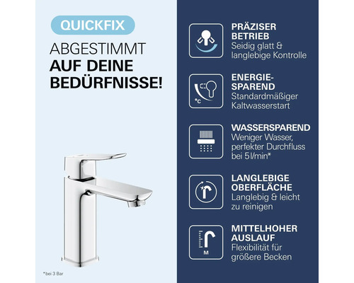 Mitigeur de lavabo en chrome avec symboles pour fonctionnement précis, économie d'énergie et d'eau, surface durable et bec de hauteur moyenne.