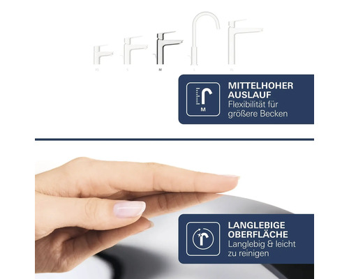 Mitigeur de lavabo avec bec de hauteur moyenne pour grands lavabos et surface durable facile à nettoyer.