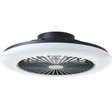 Ventilateur de plafond moderne avec éclairage LED intégré, design circulaire, boîtier en plastique avec grille à lamelles.