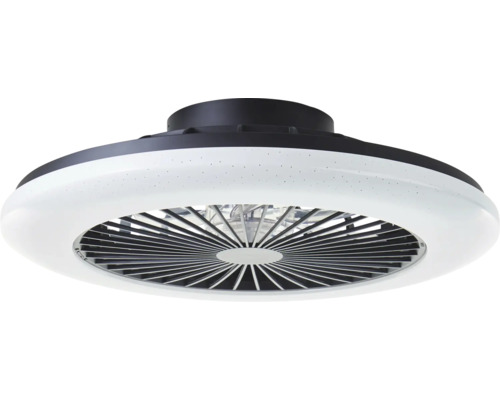 Ventilateur de plafond moderne avec éclairage LED intégré, design circulaire, boîtier en plastique avec grille à lamelles.