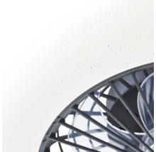 Vue détaillée d'un plafonnier avec ventilateur, abat-jour blanc à effet étoilé et grille de protection foncée.